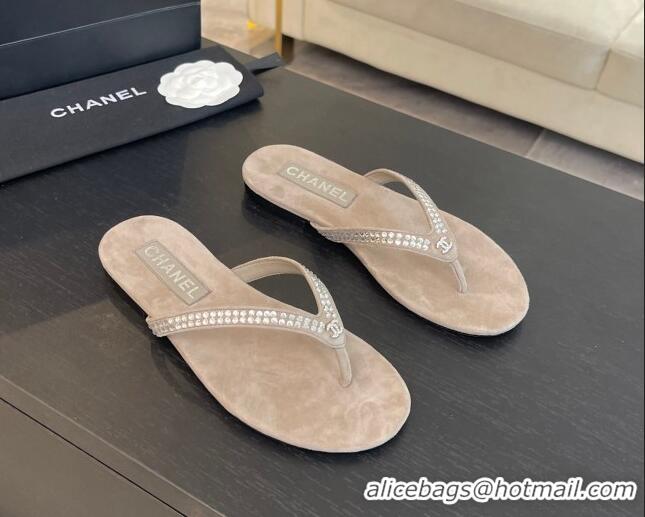 Luxury Discount Chanel Suede Flat Thong Slide Sandals with Strass G46205 Khaki Grey 0102059