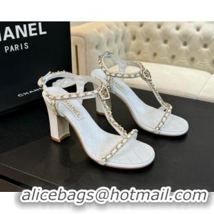 Luxury Chanel Lambskin Heel Sandals 8.5cm with Chain and Heart G46109 White 0102061