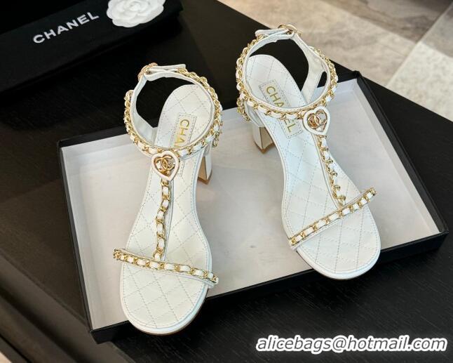 Luxury Chanel Lambskin Heel Sandals 8.5cm with Chain and Heart G46109 White 0102061