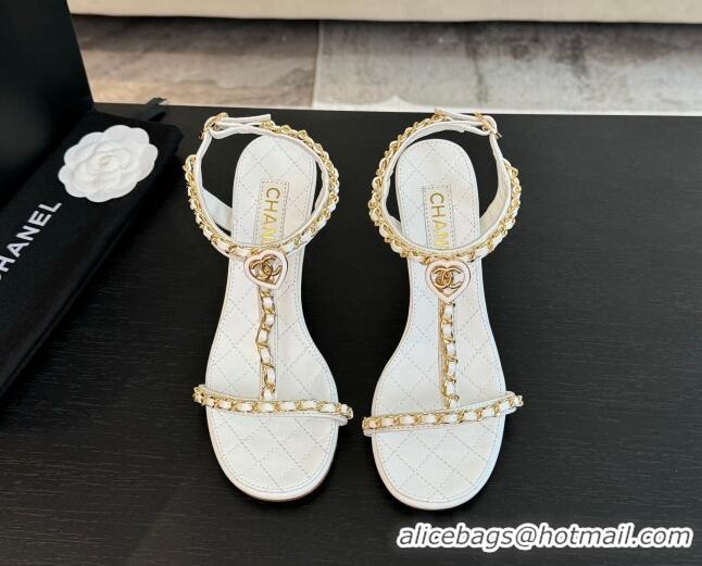 Luxury Chanel Lambskin Heel Sandals 8.5cm with Chain and Heart G46109 White 0102061