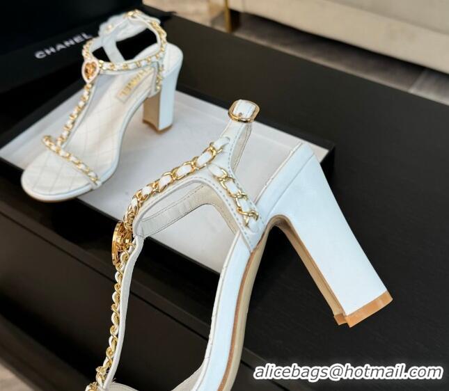 Luxury Chanel Lambskin Heel Sandals 8.5cm with Chain and Heart G46109 White 0102061