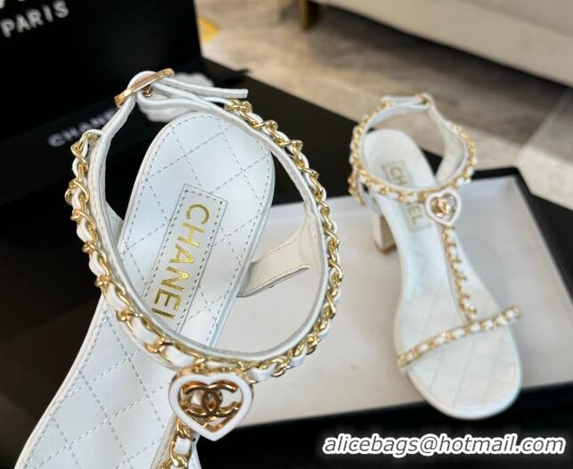 Luxury Chanel Lambskin Heel Sandals 8.5cm with Chain and Heart G46109 White 0102061