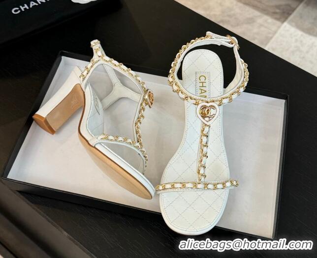 Luxury Chanel Lambskin Heel Sandals 8.5cm with Chain and Heart G46109 White 0102061