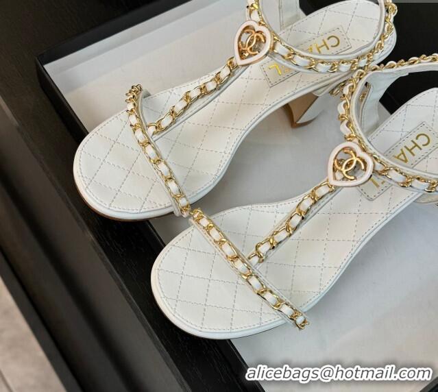 Luxury Chanel Lambskin Heel Sandals 8.5cm with Chain and Heart G46109 White 0102061