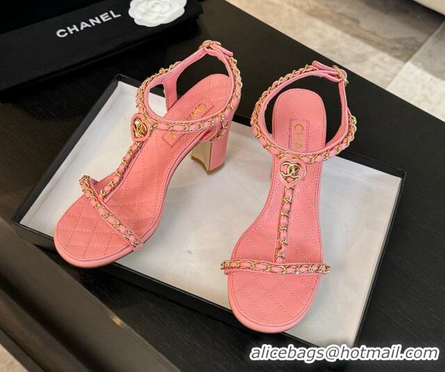 Sophisticated Chanel Lambskin Heel Sandals 8.5cm with Chain and Heart G46109 Pink 0102063