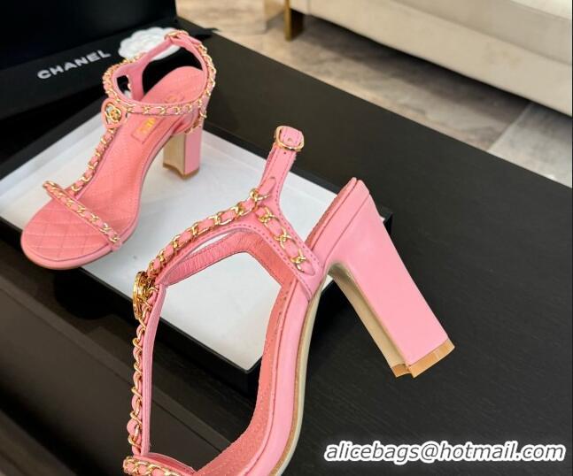 Sophisticated Chanel Lambskin Heel Sandals 8.5cm with Chain and Heart G46109 Pink 0102063