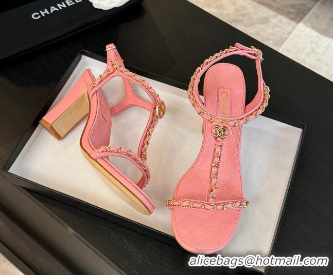 Sophisticated Chanel Lambskin Heel Sandals 8.5cm with Chain and Heart G46109 Pink 0102063