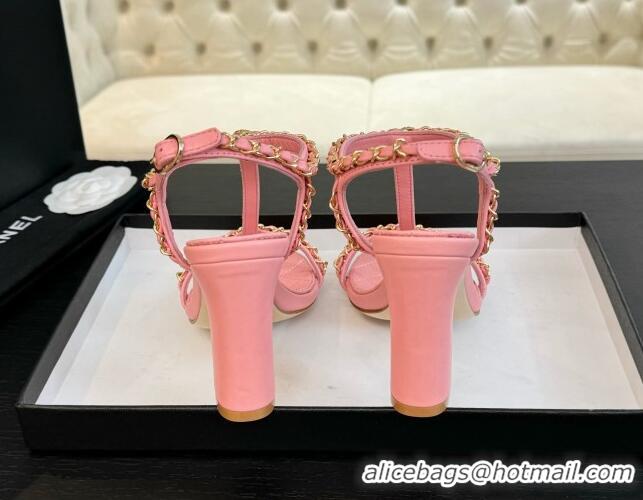 Sophisticated Chanel Lambskin Heel Sandals 8.5cm with Chain and Heart G46109 Pink 0102063