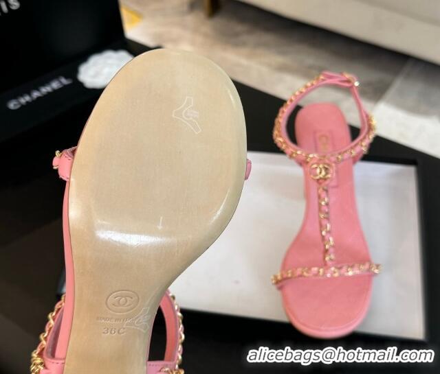 Sophisticated Chanel Lambskin Heel Sandals 8.5cm with Chain and Heart G46109 Pink 0102063