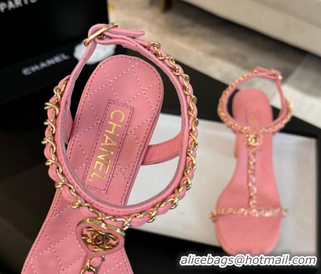 Sophisticated Chanel Lambskin Heel Sandals 8.5cm with Chain and Heart G46109 Pink 0102063