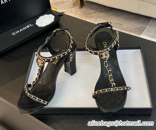 Sumptuous Chanel Lambskin Heel Sandals 8.5cm with Chain and Heart G46109 Black 0102064