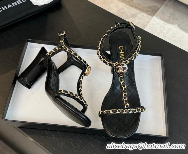 Sumptuous Chanel Lambskin Heel Sandals 8.5cm with Chain and Heart G46109 Black 0102064