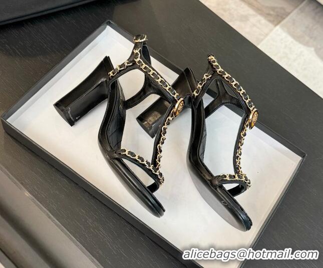 Sumptuous Chanel Lambskin Heel Sandals 8.5cm with Chain and Heart G46109 Black 0102064