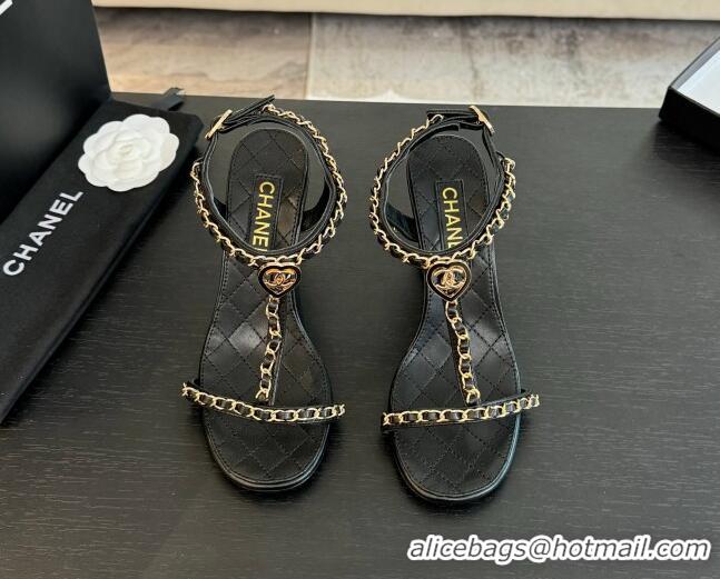 Sumptuous Chanel Lambskin Heel Sandals 8.5cm with Chain and Heart G46109 Black 0102064