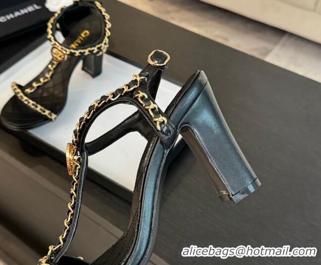 Sumptuous Chanel Lambskin Heel Sandals 8.5cm with Chain and Heart G46109 Black 0102064