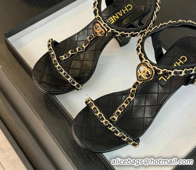 Sumptuous Chanel Lambskin Heel Sandals 8.5cm with Chain and Heart G46109 Black 0102064