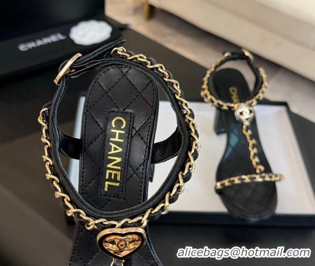 Sumptuous Chanel Lambskin Heel Sandals 8.5cm with Chain and Heart G46109 Black 0102064