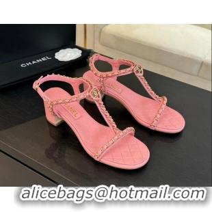 Shop Duplicate Chanel Lambskin Heel Sandals 4.5cm with Chain and Heart G46109 Pink 0102065