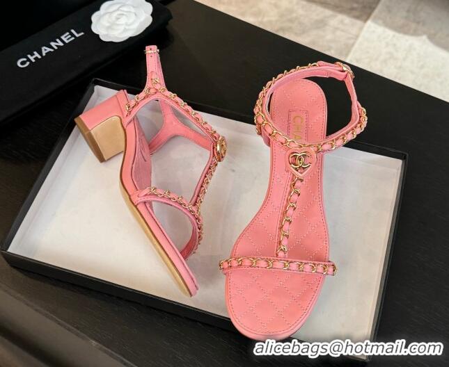 Shop Duplicate Chanel Lambskin Heel Sandals 4.5cm with Chain and Heart G46109 Pink 0102065