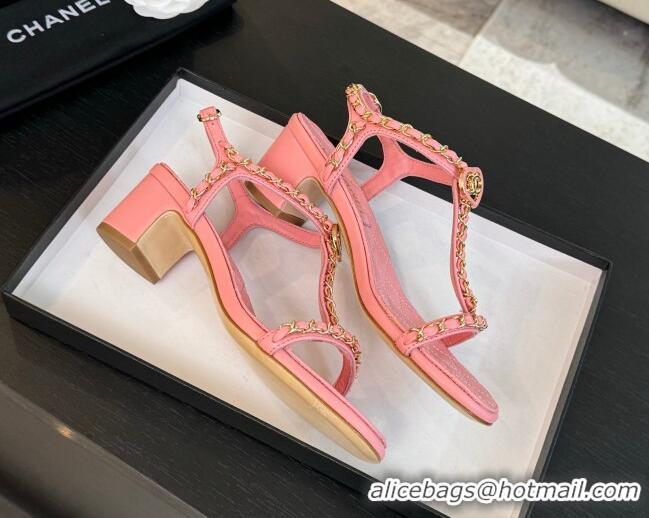 Shop Duplicate Chanel Lambskin Heel Sandals 4.5cm with Chain and Heart G46109 Pink 0102065