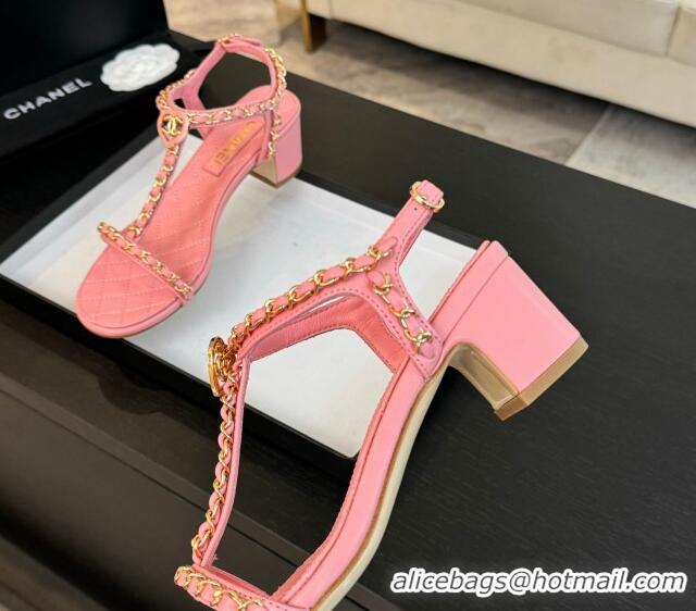 Shop Duplicate Chanel Lambskin Heel Sandals 4.5cm with Chain and Heart G46109 Pink 0102065