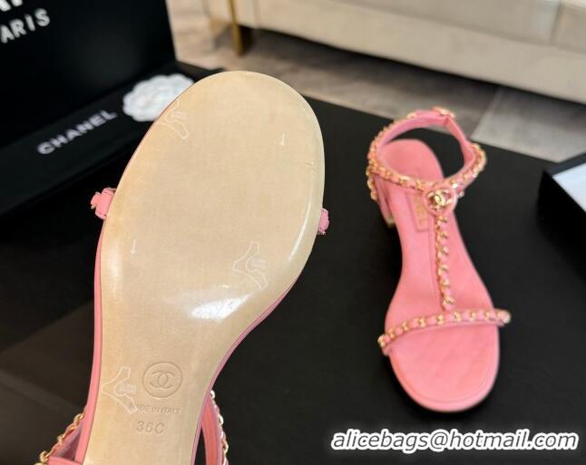 Shop Duplicate Chanel Lambskin Heel Sandals 4.5cm with Chain and Heart G46109 Pink 0102065