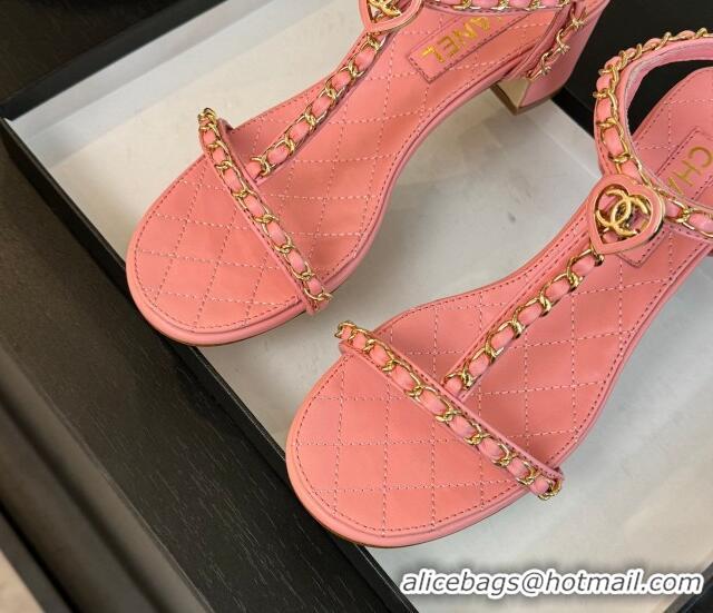 Shop Duplicate Chanel Lambskin Heel Sandals 4.5cm with Chain and Heart G46109 Pink 0102065