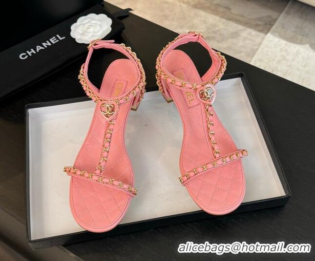 Shop Duplicate Chanel Lambskin Heel Sandals 4.5cm with Chain and Heart G46109 Pink 0102065