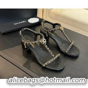 Top Design Chanel Lambskin Heel Sandals 4.5cm with Chain and Heart G46109 Black 0102066