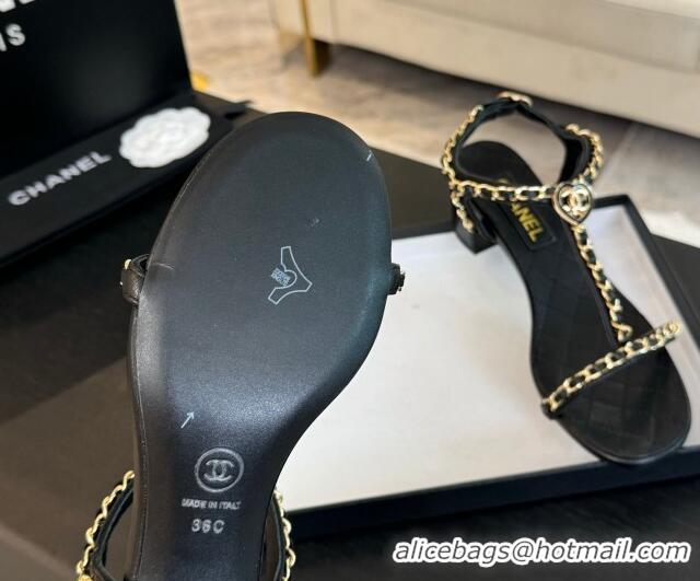 Top Design Chanel Lambskin Heel Sandals 4.5cm with Chain and Heart G46109 Black 0102066