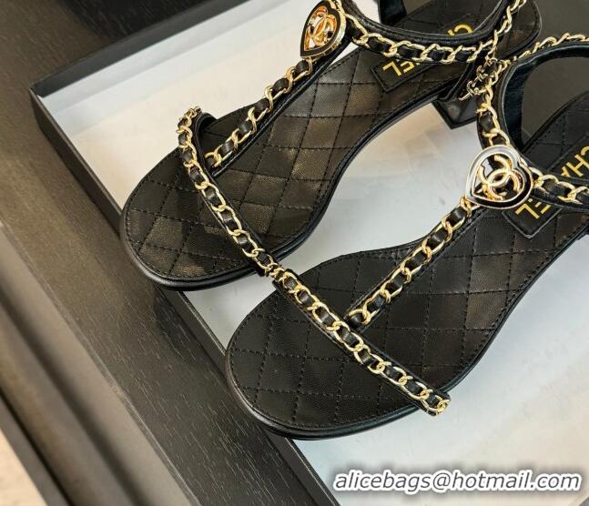 Top Design Chanel Lambskin Heel Sandals 4.5cm with Chain and Heart G46109 Black 0102066