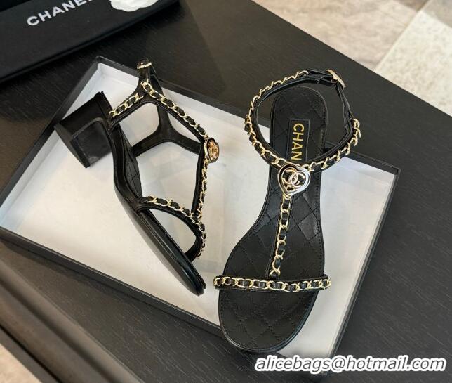 Top Design Chanel Lambskin Heel Sandals 4.5cm with Chain and Heart G46109 Black 0102066