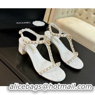 Good Product Chanel Lambskin Heel Sandals 4.5cm with Chain and Heart G46109 White 0102067