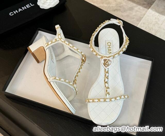 Good Product Chanel Lambskin Heel Sandals 4.5cm with Chain and Heart G46109 White 0102067