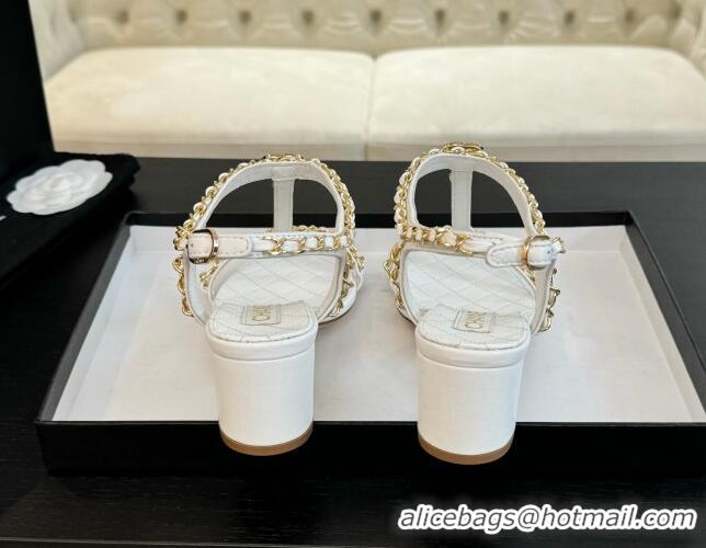 Good Product Chanel Lambskin Heel Sandals 4.5cm with Chain and Heart G46109 White 0102067