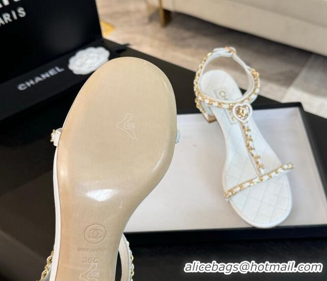 Good Product Chanel Lambskin Heel Sandals 4.5cm with Chain and Heart G46109 White 0102067