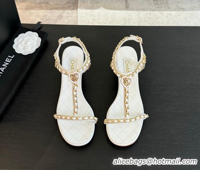 Good Product Chanel Lambskin Heel Sandals 4.5cm with Chain and Heart G46109 White 0102067