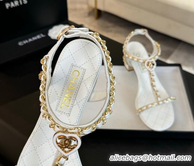 Good Product Chanel Lambskin Heel Sandals 4.5cm with Chain and Heart G46109 White 0102067