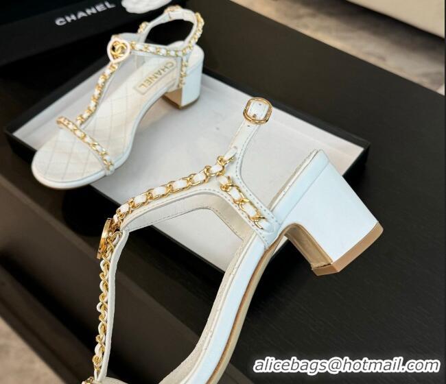 Good Product Chanel Lambskin Heel Sandals 4.5cm with Chain and Heart G46109 White 0102067