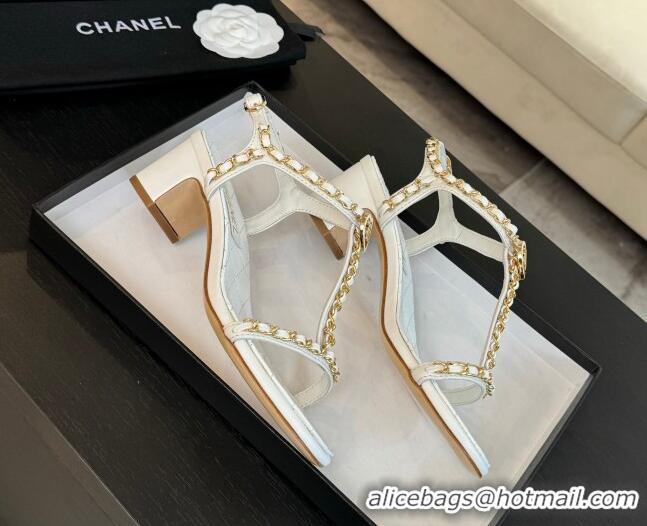 Good Product Chanel Lambskin Heel Sandals 4.5cm with Chain and Heart G46109 White 0102067