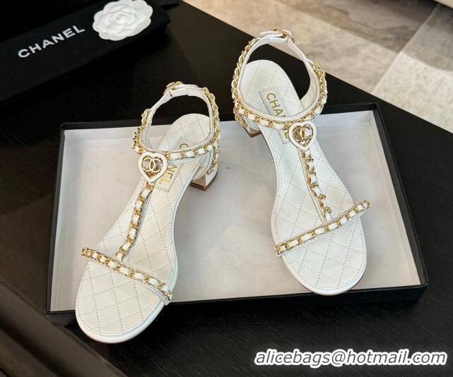 Good Product Chanel Lambskin Heel Sandals 4.5cm with Chain and Heart G46109 White 0102067