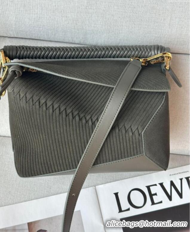 Top Grade Loewe Small Puzzle bag in Embossed suede and calfskin 062324 Dark Olive Green 2025