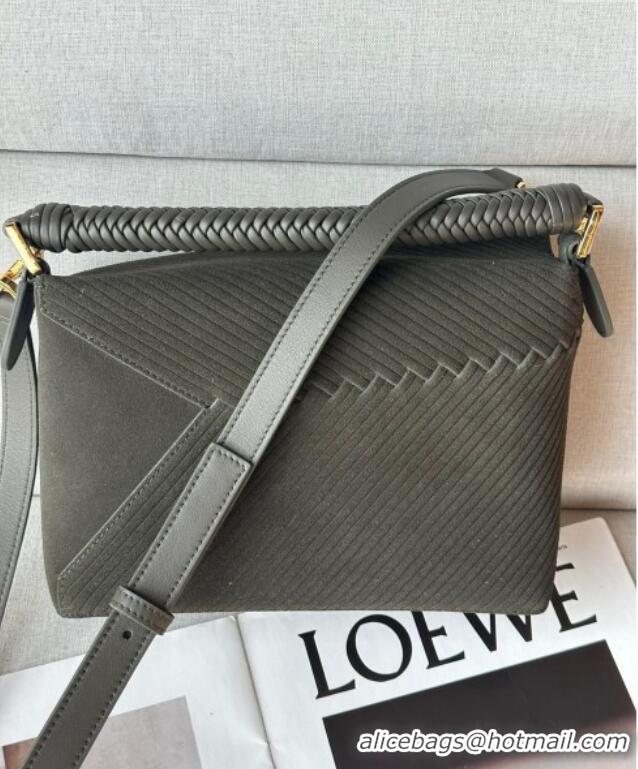 Top Grade Loewe Small Puzzle bag in Embossed suede and calfskin 062324 Dark Olive Green 2025