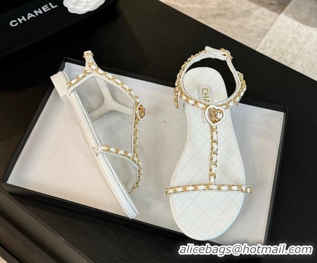 Shop Duplicate Chanel Lambskin Flat Sandals with Chain and Heart G46111 White 0102069