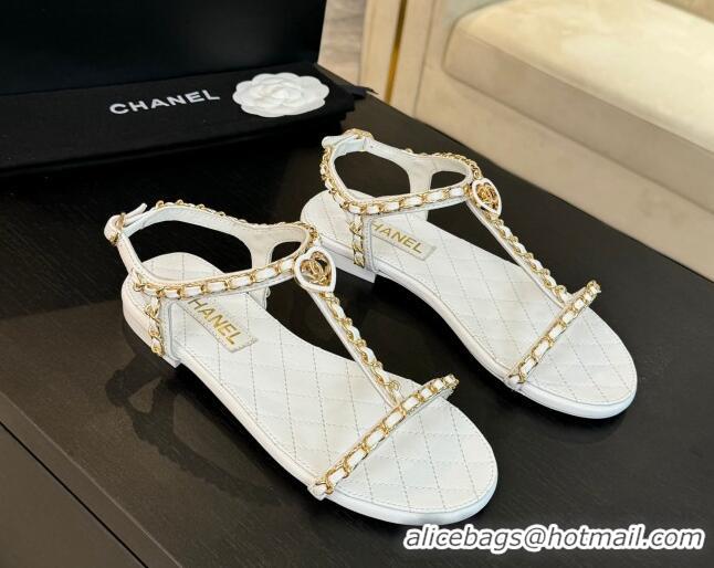 Shop Duplicate Chanel Lambskin Flat Sandals with Chain and Heart G46111 White 0102069