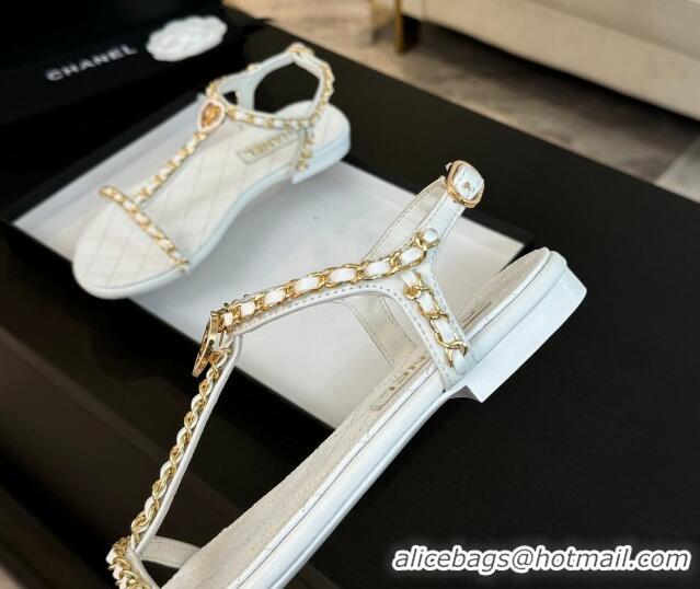 Shop Duplicate Chanel Lambskin Flat Sandals with Chain and Heart G46111 White 0102069