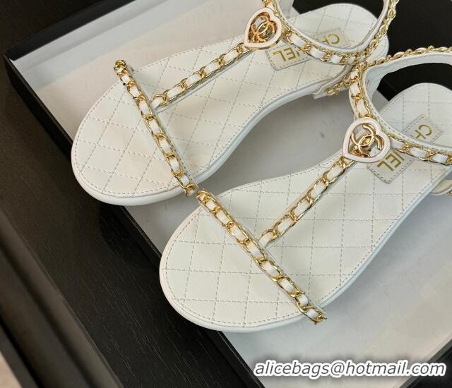 Shop Duplicate Chanel Lambskin Flat Sandals with Chain and Heart G46111 White 0102069