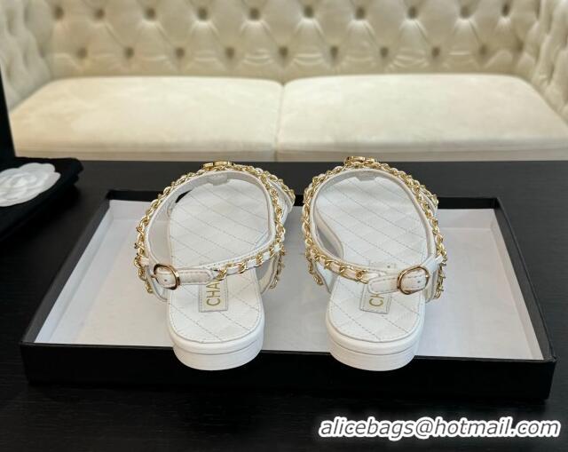 Shop Duplicate Chanel Lambskin Flat Sandals with Chain and Heart G46111 White 0102069