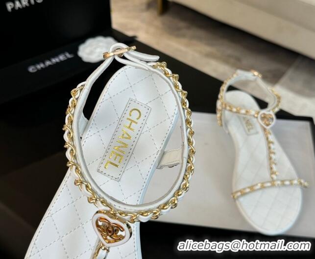 Shop Duplicate Chanel Lambskin Flat Sandals with Chain and Heart G46111 White 0102069