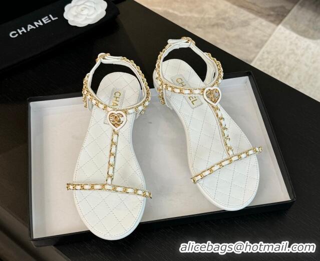 Shop Duplicate Chanel Lambskin Flat Sandals with Chain and Heart G46111 White 0102069